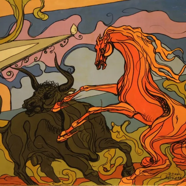Pintura moderna cuadro caballo toro arte contemporáneo con marco siglo XX 900
