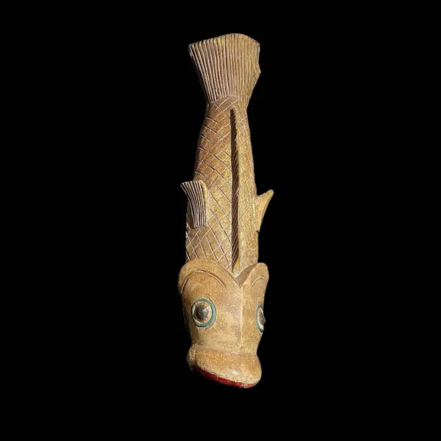 African Tribal Face Mask Wood Hand Carved Vintage Wall Hanging Bozo Fish -7619 2