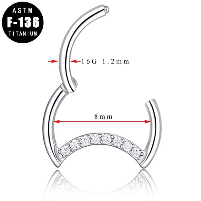 16G TITANIUM cz GEM HALF MOON crescent HINGED CLICKER NOSE SEPTUM HELIX Ear Hoop