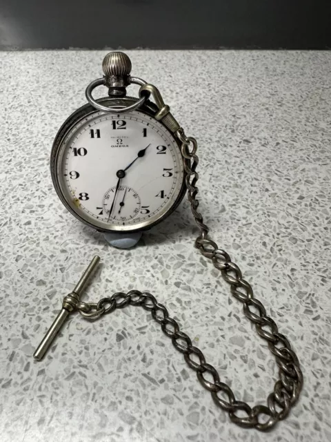Omega Solid Silver Pocket Watch & Solid Silver Fob Chain. Good Working Order