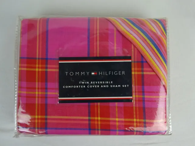 Tommy Hilfiger REESE Pink Plaid Twin 2 Piece Duvet & Sham Set ~ Reversible ~NOS
