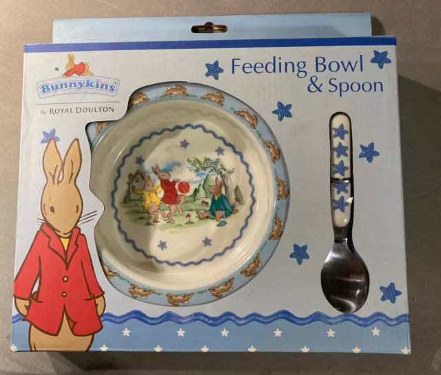 Nuevo Juego De Tazones Y Cucharas Bunnykins Regalo De Bautizo Real Doulton Melamina Y Metal