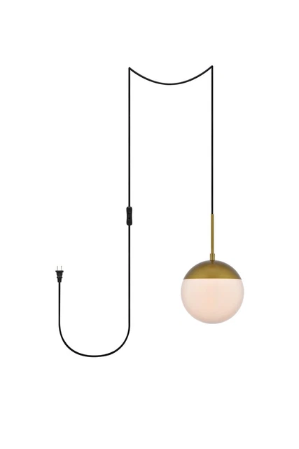 Eclipse 1 Light Brass Plug-In Pendant with Frosted White Glass
