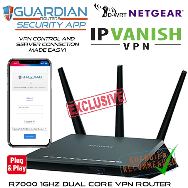 Netgear R7000 IPVanish Guardian VPN APP Router works all ISPs inc SkyQ Virgin