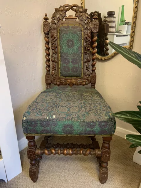 Antique Hand Carved Oak Throne Hall Chair Grape Vine Design Barley Twist Runners