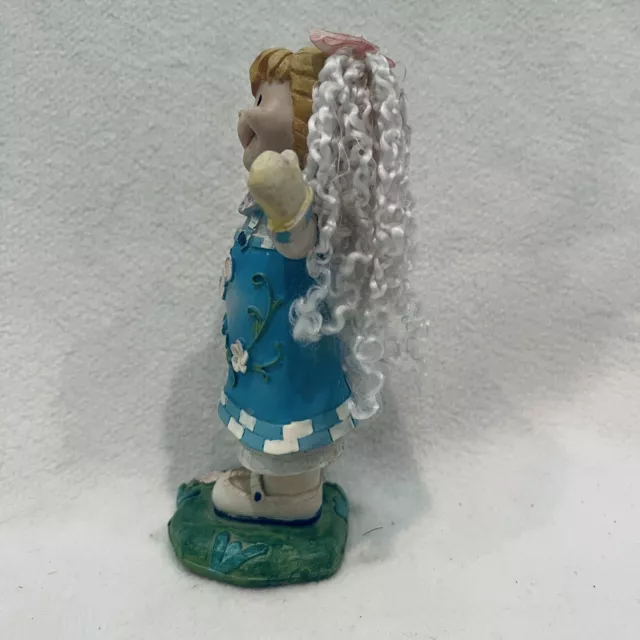 Vintage Cute Little Girl Figurine Curly Hair Pigtails Blue Flowered Dress 3