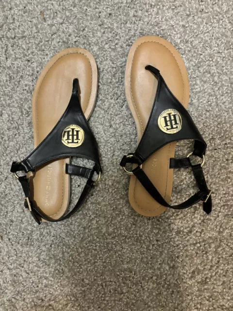 Tommy Hilfiger Black Gold T-Strap Sandals Women Sz 9M