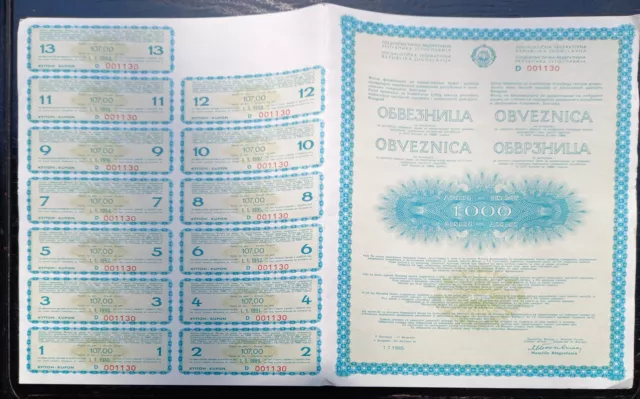 YUGOSLAVIA 1000 Dinara Obveznica / Bond / Stock / Banknote 1985