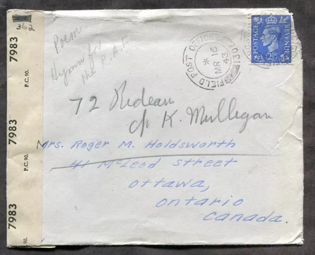 GB Canada Military RCAF 1943 Censored Cover to Ottawa. "R" Depot Stamp, Clipping