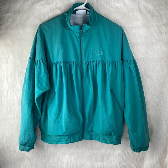 Vintage 1980s Reebok Womens Medium Nylon Lined Windbreaker Jacket Teal Pleated