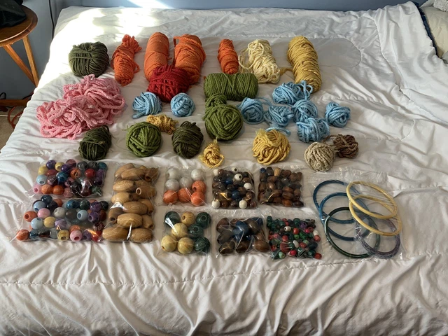 Vintage Large Variety Lot of Macrame Cord, Rings & Wood and Plastic Beads