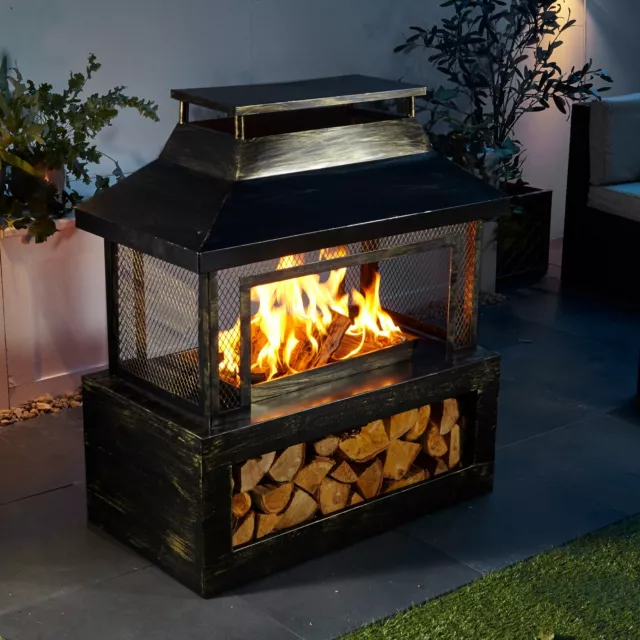 Neo Steel Outdoor Log Burner Fire Pit Chiminea Heater Mesh Surround and Storage