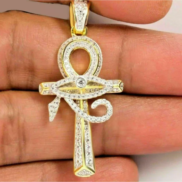 Echt Moissanit 2Ct Rund Schliff Ankh Kreuz Anhänger 14k Gelbgold Versilbert