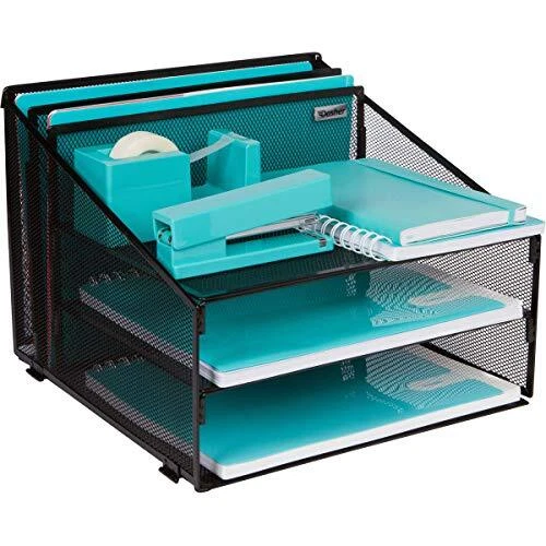 Office Desk Organizer Metal Mesh with 3 Paper Trays and 2 Vertical Upright Se...
