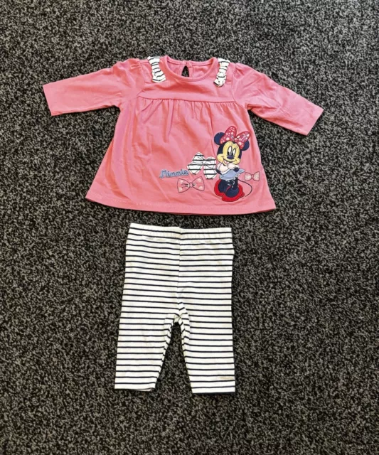 Cute Baby Girls Pink Minnie Mouse Top & Stripe Leggings Outfit Age 0-3 Months