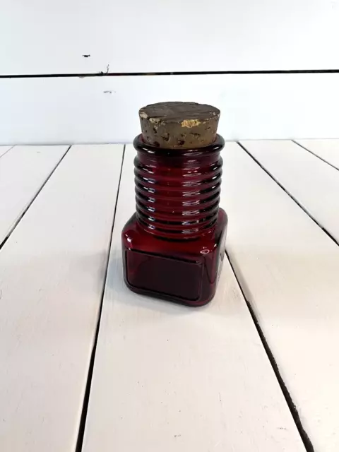 Wheaton Vintage Ruby Red Glass Apothecary Small Bottle Jar Ribbed With Cork