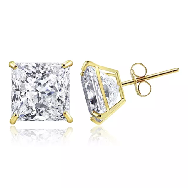 14K Solid Gold Square Princess Cut Cubic Zirconia Basket Push Back Stud Earrings