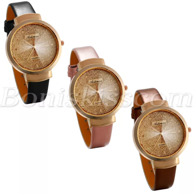 Women Stylish Charm Sands Starry Rhinestone Dial Leather Band Quartz Wrist Watch