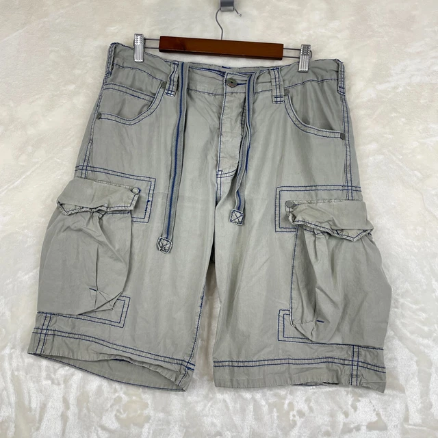 JET LAG Shorts Mens 34 Gray Blue Distressed Drawstring Military Cargo Metal