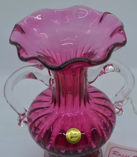 Rossi Cranberry Art Glass Vase Double Handles Ruffled Original Label and Booklet 2