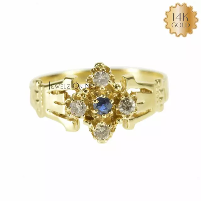 14K Gold Natural Diamond - Blue Sapphire September Birthstone Vintage Style Ring