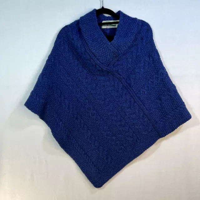Aran Crafts Poncho Sweater Women's S/M Blue Irish 100% Merino Wool Cable Knit