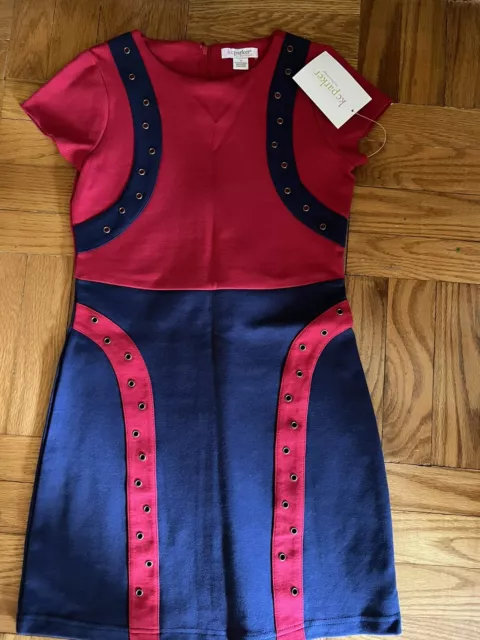 NWT Girls KC Parker By Hartstrings Red +Navy Dress w/Eyelet +Short Sleeves-sz 12