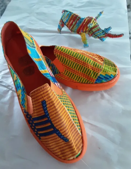 AFRICAN KENTE CLOTH SLIPONS Made In Ghana Bright Colors  Unisex 9.5 W, 8.5M NWOT