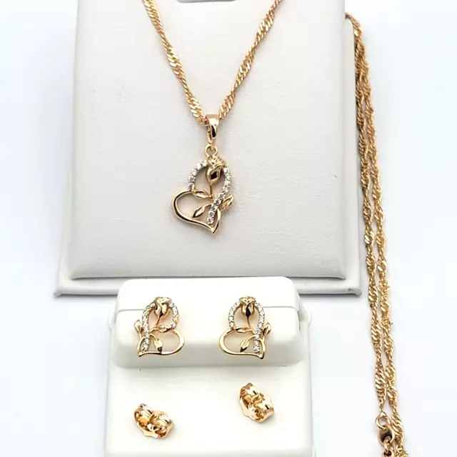 18K Gold Plated Heart Rose Flower Set Pendant * Chain * Earrings. Women Necklace