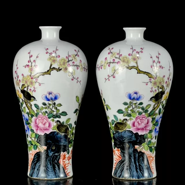 A Pair Chinese Pastel Porcelain Handmade Exquisite Flowers&Birds Vase 16685