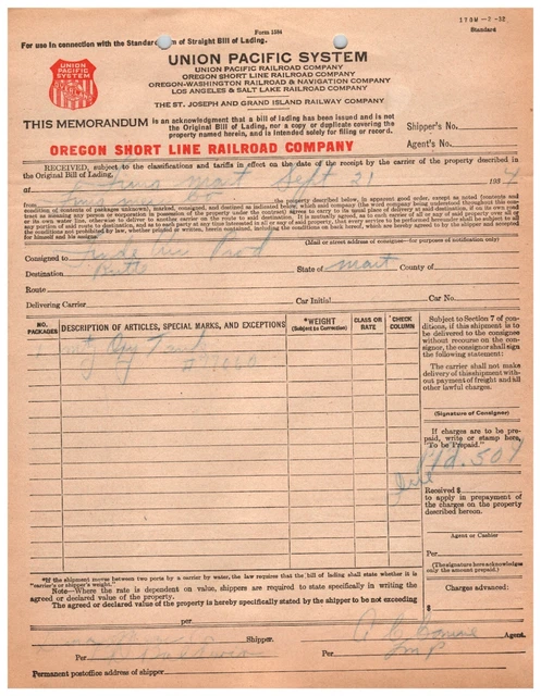 1920s Union Pacific System Oregon Short Line Company Form 1584 Railway Vintage