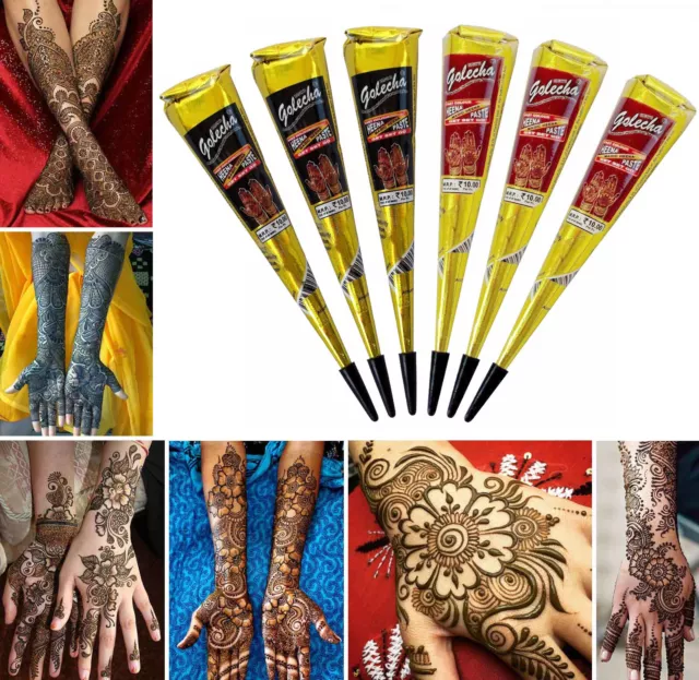 6x Golecha Hennapaste - Kegel 3x schwarz + 3x maroon für Mehndi Tattoo - 150g