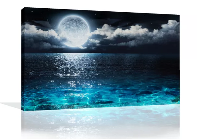 Full Moon on Sea at Night Seascape CANVAS WALL ART Picture Print - Blue