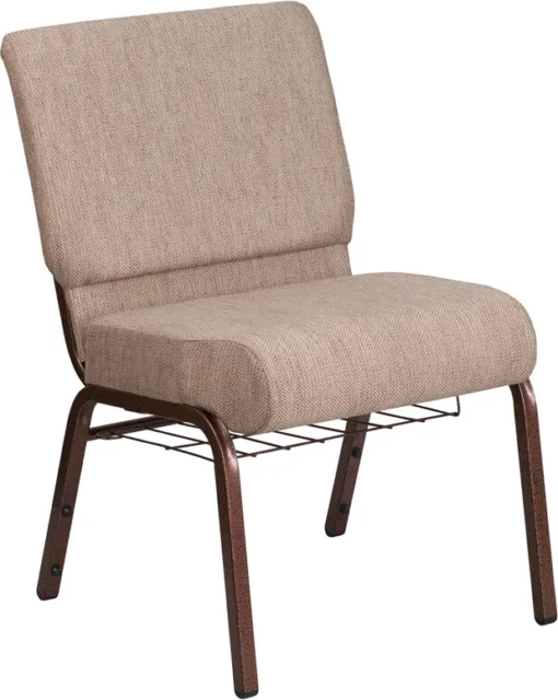 21'' Wide Beige Fabric Church Chair with Book Rack and Copper Vein Frame