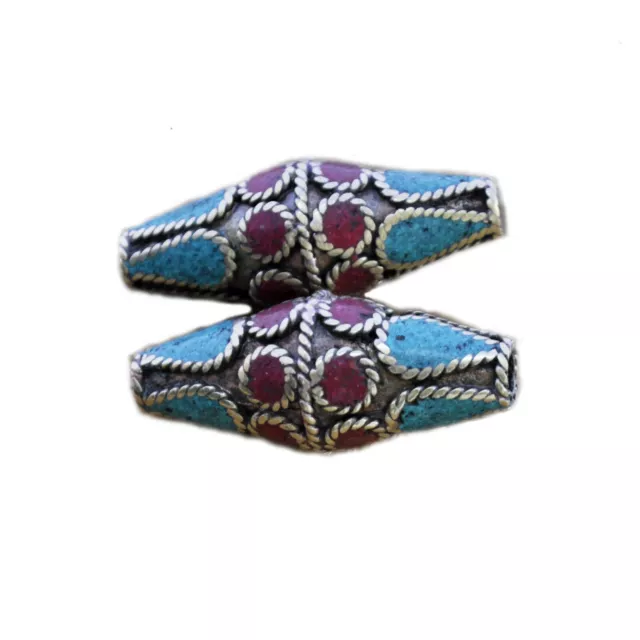 Coral Turquoise Bicone Brass 2 Beads For Design Jewelry Nepalese Handmade BD227
