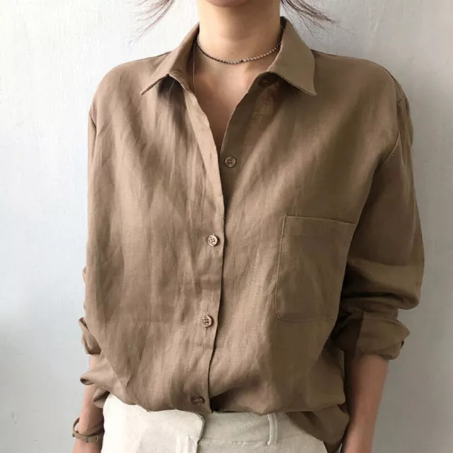 Women Summer Linen Cotton Button Blouse Tops Casual Collared Long Sleeve Shirt
