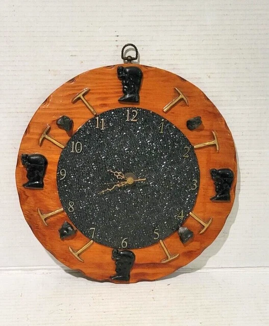 17" H Vtg Round Wooden Coal Miners Design Hanging Wall Clock