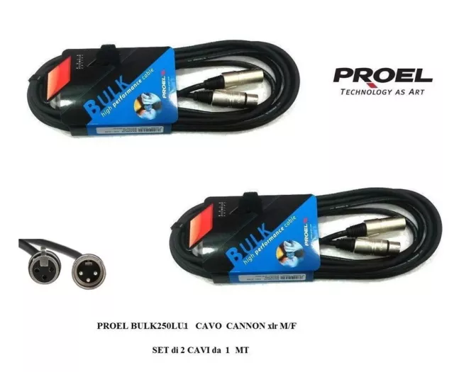 PROEL BULK250LU1 CAVO per MICROFONO CASSE CANNON xlr M/F SET di 2 CAVI da 1mt