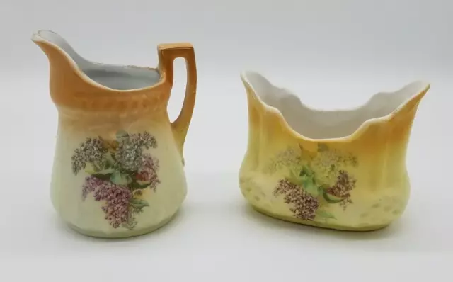 Victorian Porcelain Creamer And Open Sugar Bowl Hand Painted Lilacs