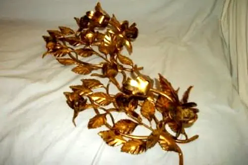 Italian Tole Candle Sconces Gilt Roses Lush Leaves Italy Mid Century 3