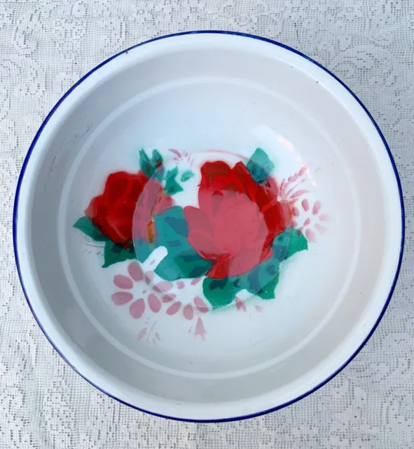 Vintage White Enamelware Wash Serving Bowl Flowers Enamel Kitchen