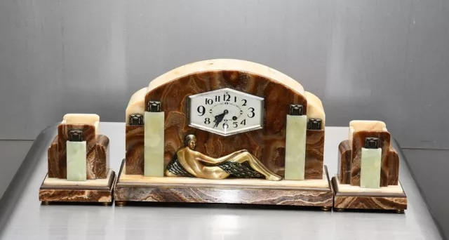 Art Deco luxury table clock three-piece set, beautifully colored marble