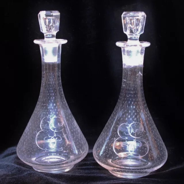 French ? Highly Polished Etched Monogram Perfume Parfum Decanter Bottle Pair Set