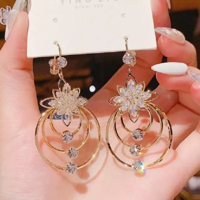 Lotus Flower Gold Plated Hook Zircon Earrings Drop Dangle Women Wedding Jewelry 2