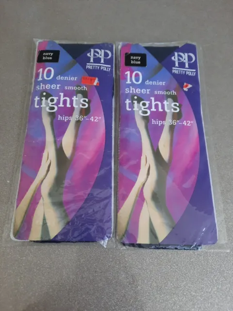 2 Pairs Vintage Pretty Polly 10 Den Sheer Tights, Navy Blue, Hips 36-42 Inches