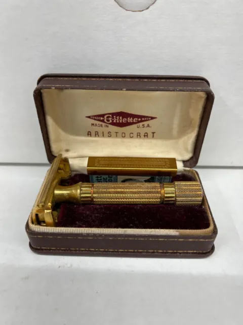 Vintage Gillette Aristocrat Gold safety razor  RARE RED CASE.  Free Shipping