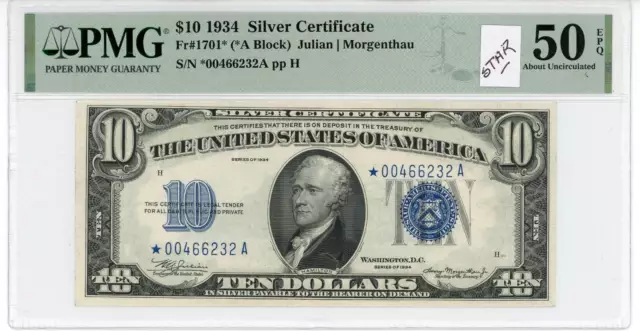 NobleSpirit No Reserve US Fr 1701 1934 $10 Silver Certificate Star Note PMG 50
