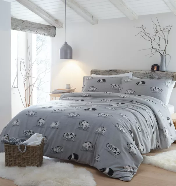 Fusion Snug Cosy Pig 100% Brushed Cotton Animal Print Duvet Cover Bed Set Grey