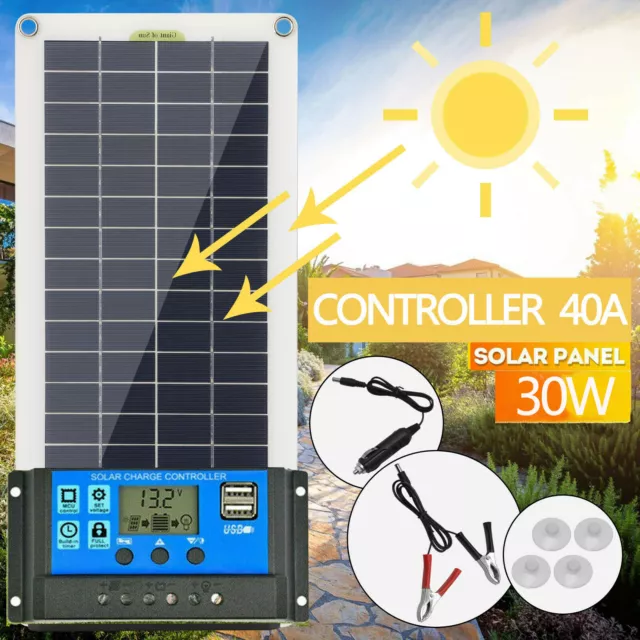 30W 12V Solarpanel Kit Solarmodul USB-Ladegerät Solarzelle Solar+10A-30A Regler 2