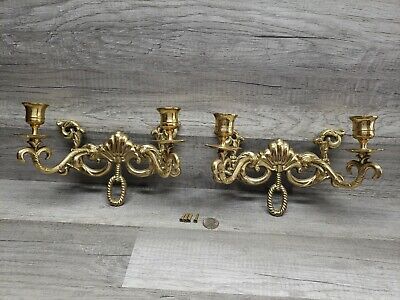 Vintage Ornate Decorative Brass Wall Sconce Candle Holder Screw On Pair 9"x6"
